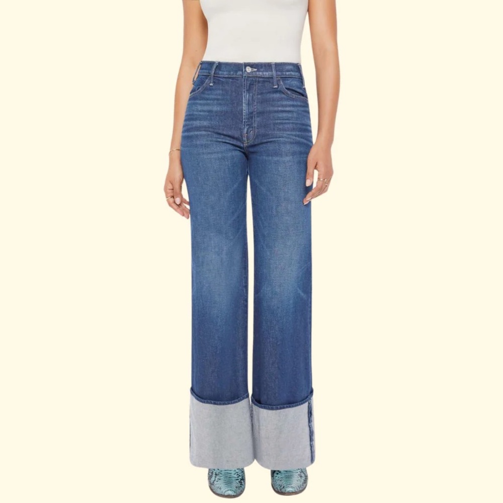 MOTHER Wide-Leg Cuffed Jeans in Medium Blue with Light Cuff